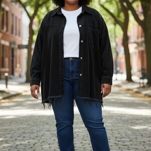 Black Corduroy Shacket with frayed edge hem